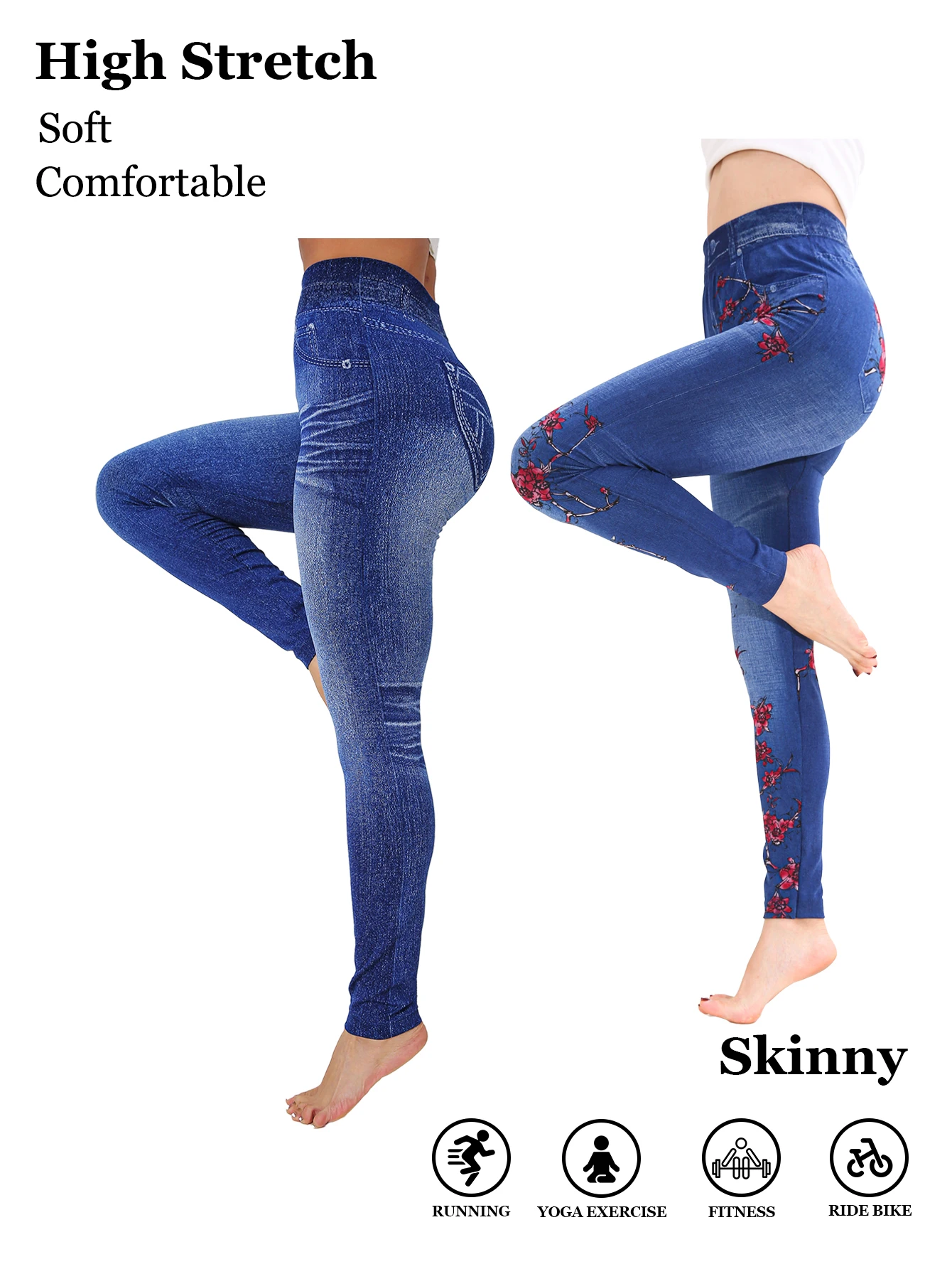 CUHAKCI Autumn Winter New Plum Blossom Pattern Women's Imitation Denim leggings With Striped Print Sports Commuter Tights