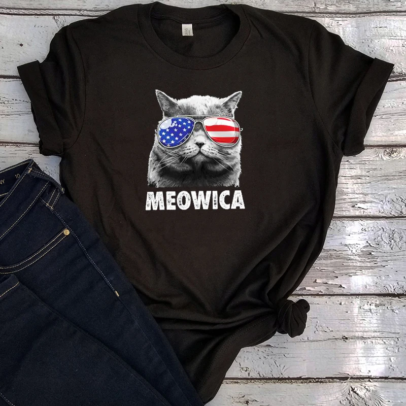 

Cat 4th of July Shirt Womens Clothing American Flag Graphic Tee Streetwear Classic Women Meo 4th of July Tshirt Harajuku M