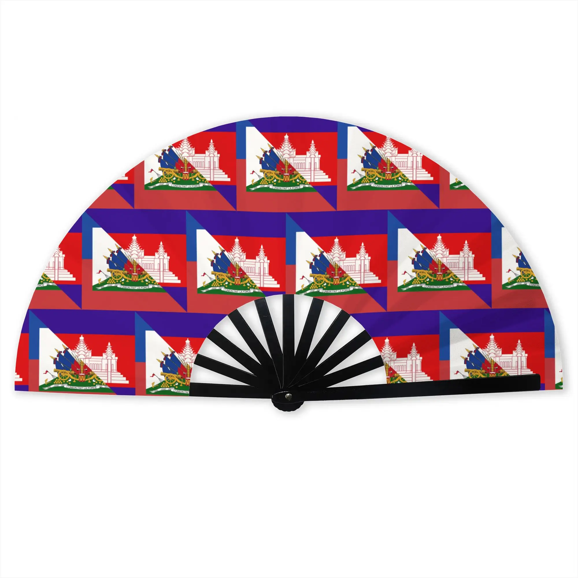 Éventail pliant en tissu polyester personnalisé avec l'emblème d'unité et de force d'Haïti, accessoire de mode estival, éventails décoratifs