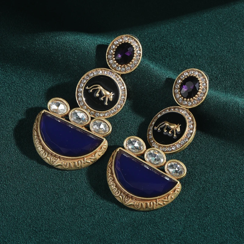 

Vintage Leopard Blue Crystal Drop Earrings Half Round Rhinestone Elegant Style Jewelry Luxury Accessories New 2026 Trends Party
