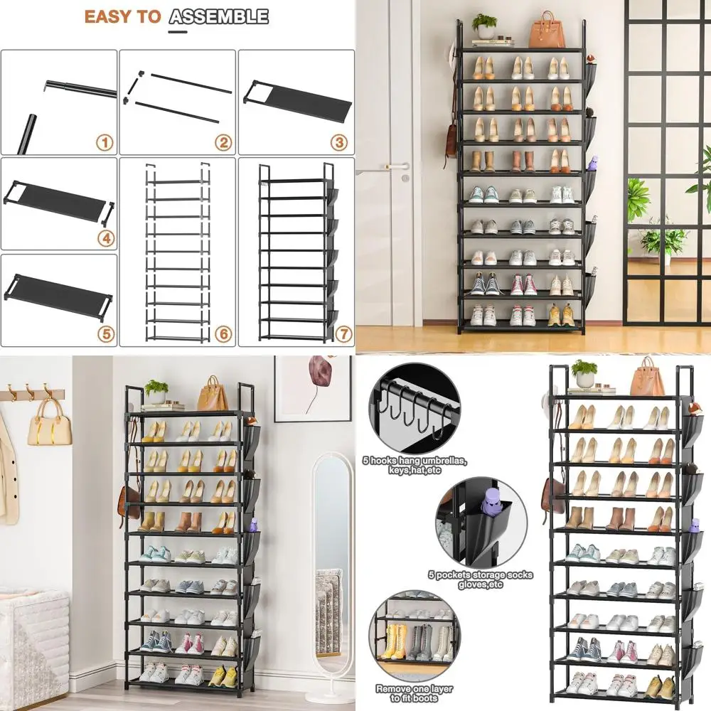 10-уровневый металлический органайзер для обуви с крючками и карманом для хранения в шкафу