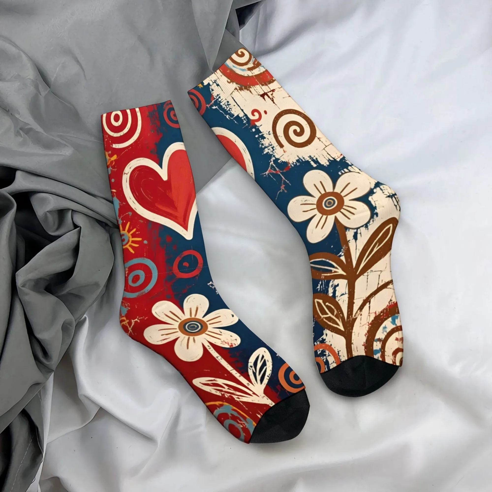 Retro Herz-Blumen-Socken Rutschfeste Elastische Atmungsaktive Reise-Freizeit-Laufsocken für Herren Street-Style Mode Kompressionssocken