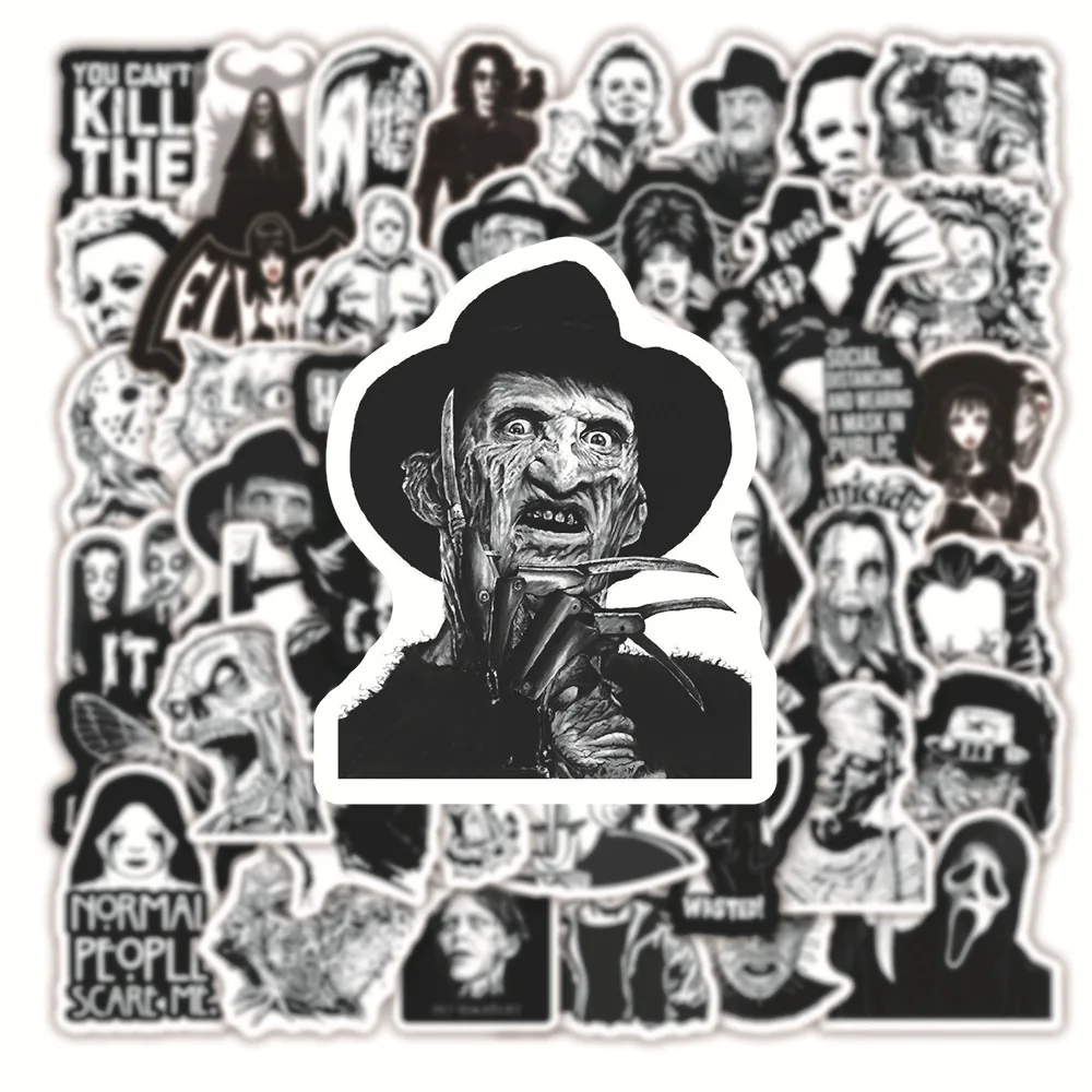 10/20/50pcs Cool Black White Thriller Horror Movie Stickers DIY Toys Car Skateboard Guitar Luggage Decal Sticker Waterproof