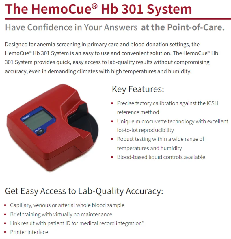 HemoCue Hb301 Hemoglobin meter Testing machine HBA1C Hb201 Blood Hemoglobin Analyzer