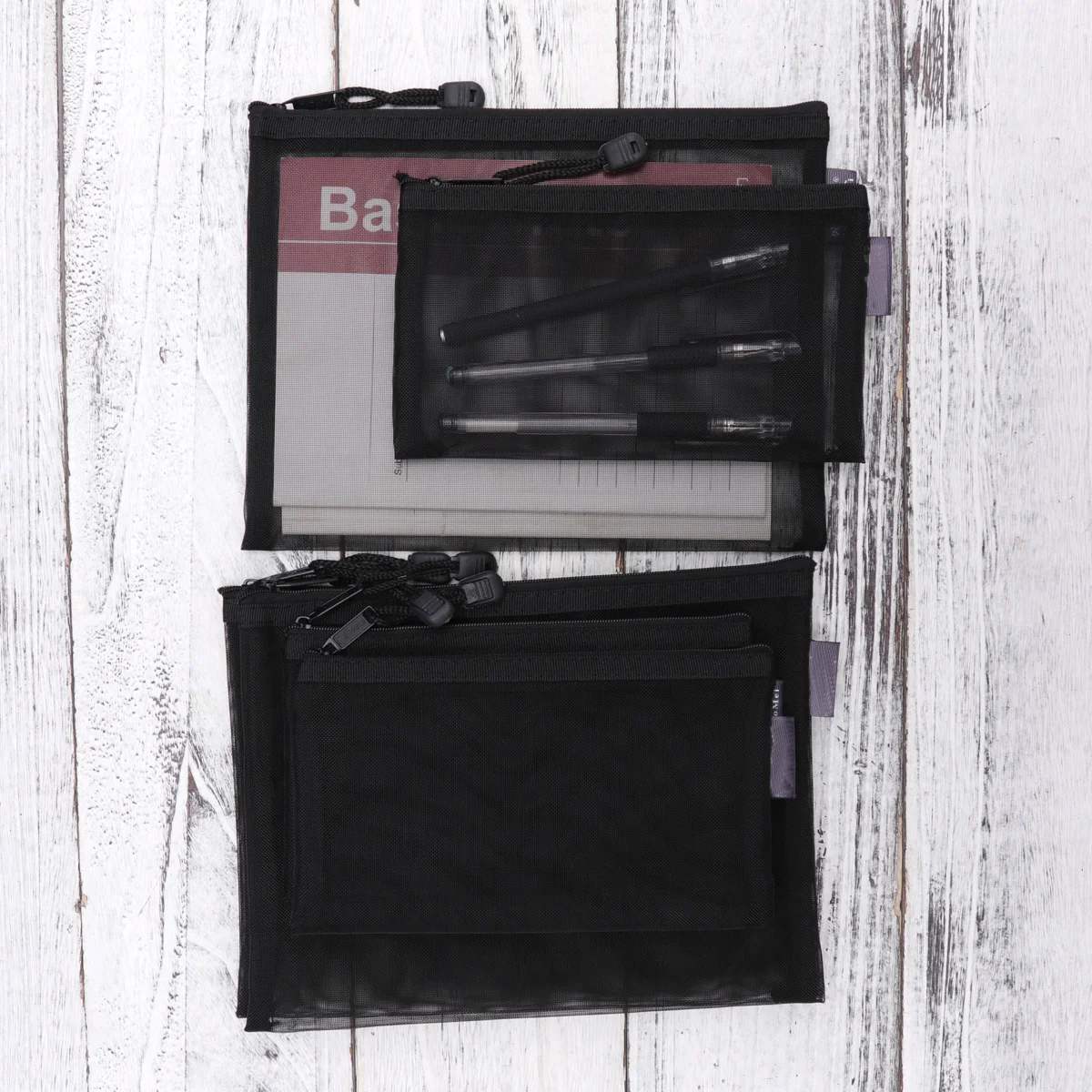 Sacs de papeterie en maille, 6 pièces, noir, Transparent, Portable, fermeture éclair, crayon, dossier de documents, bureau, école