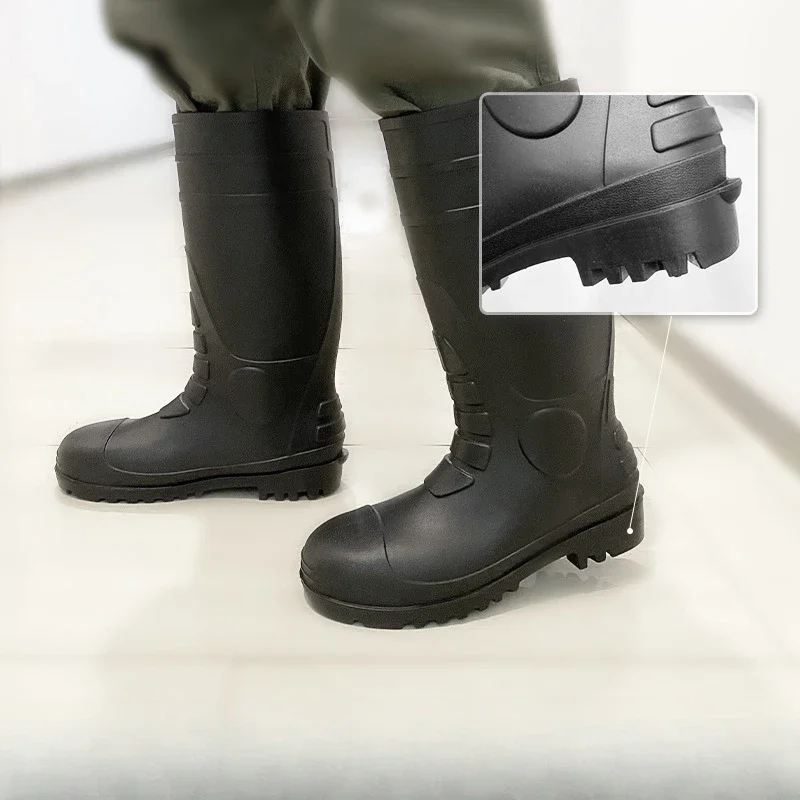 PVC High Top Labor Protection Shoes with Steel Toe Anti Smashing Anti Piercing Rain Shoes Anti Slip National Standard