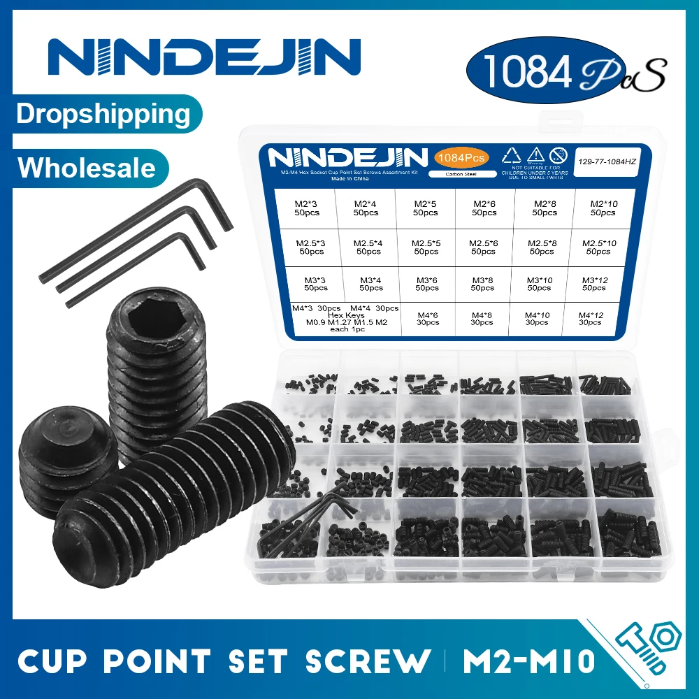 NINDEJIN 육각 소켓 컵 포인트 세트 나사, M2 M2.5 M3 M4 M5 M6 M8 12.9 탄소강 헤드리스 알렌 헤드 그럽 나사 모음 키트