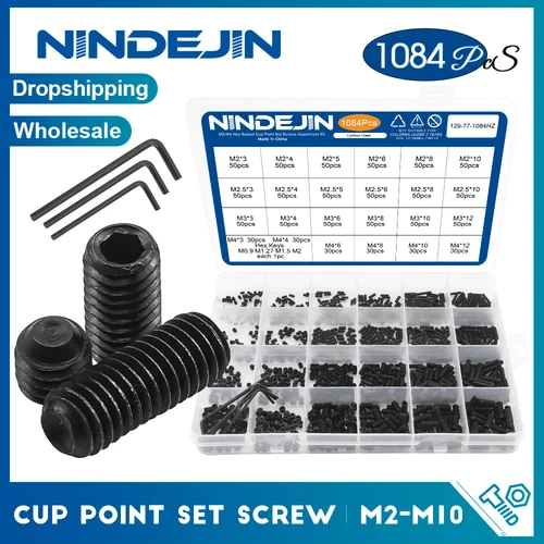Imagen 1 del producto NINDEJIN tornillo de fijación de punta de copa hexagonal M2 M2.5 M3 M4 M5 M6 M8 12,9 Kit surtido de tornillos sin cabeza de acero al carbono