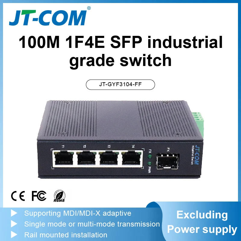 

JT-COM 5-port 100Mbps SFP industrial grade Ethernet switch, plug and play.Supporting MDI/MDI-X adaptive