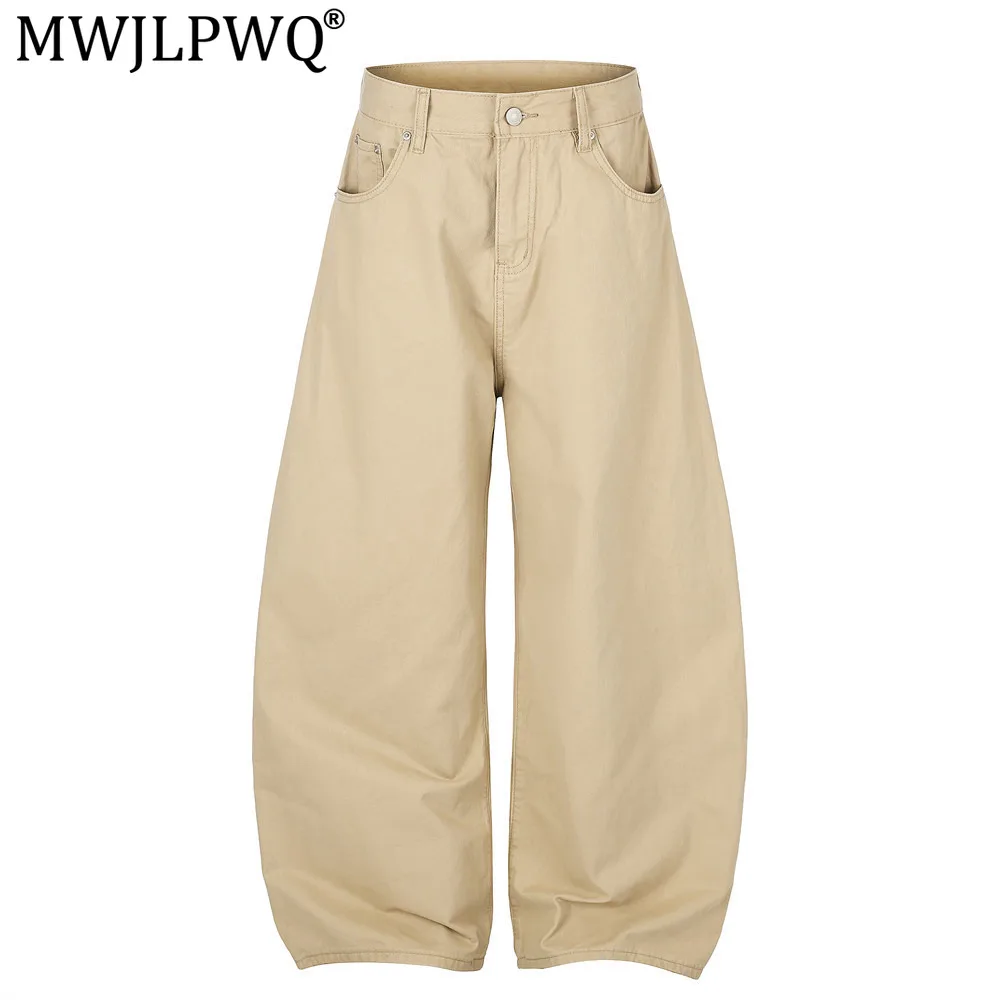 MWJLPWQ American Solid Color Wide-Leg Curved Pants Men Clean-Fit Trendy Back Pocket Embroidery Loose Silhouette Trousers 20978