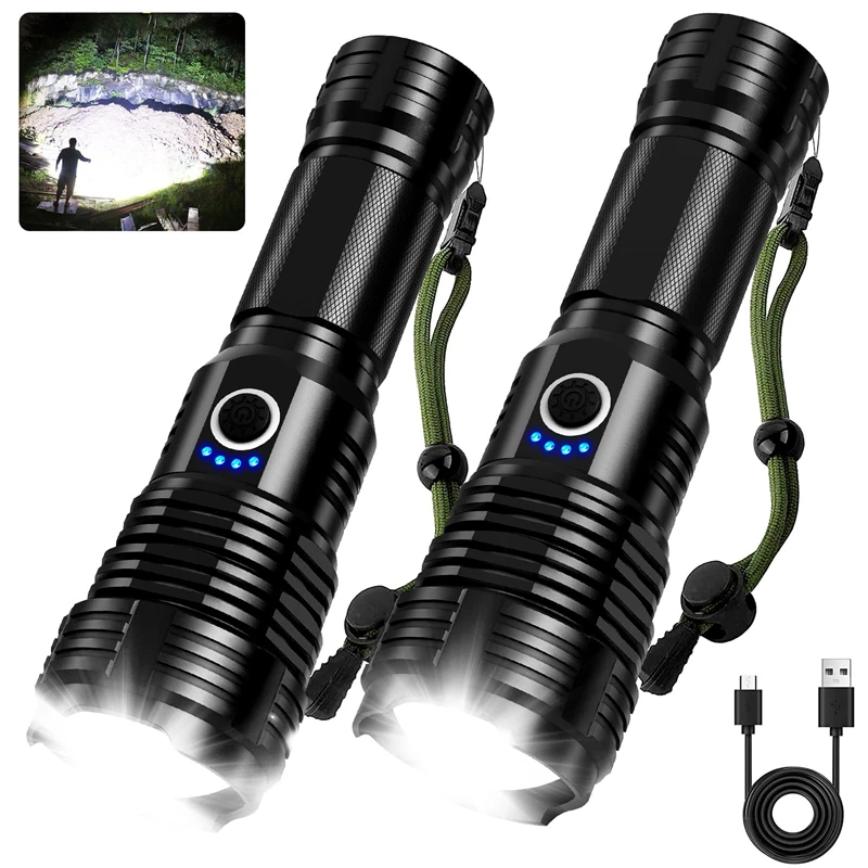 USB Rechargeable Flashlights 250000 High Lumens Super Bright Led Flashlight with 5 Modes Waterproof Powerful for Camping Walking