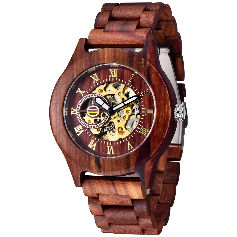 

NEW Brand Red Wooden Men's Automatic Mechanical Hand Wind Watch Casual Fashion Trend Accessories Men's Wooden Watch