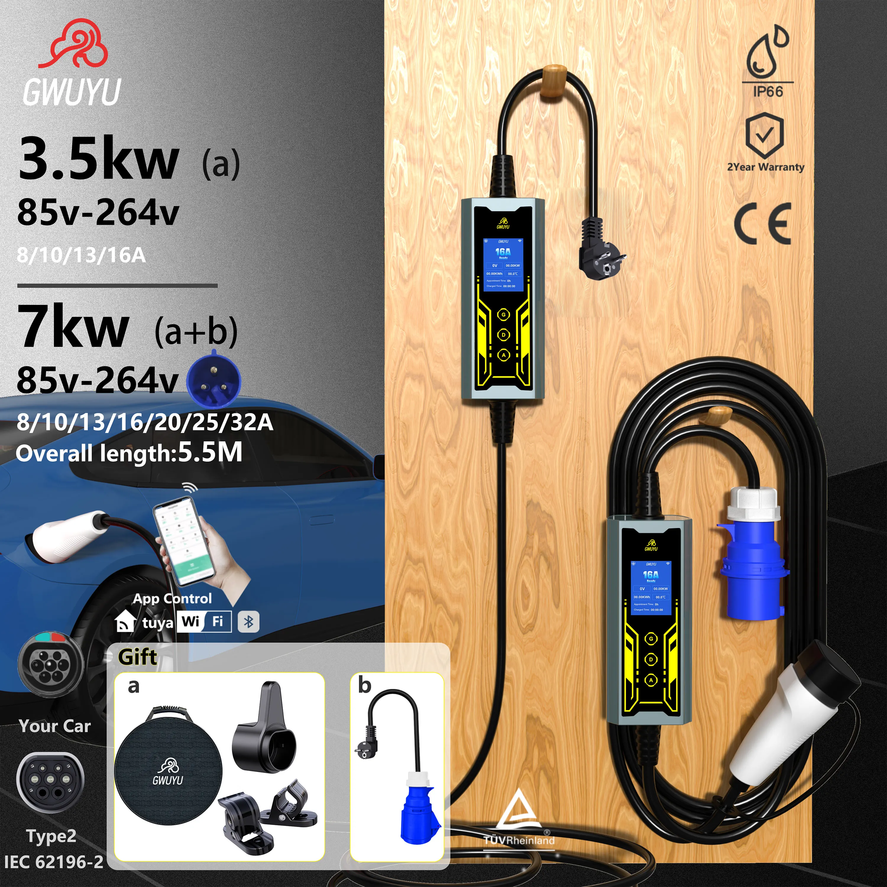 

GWUYU Portable EV Charger Wallbox 3.5KW 16A 7KW 32A 1Phase Level 2 with 5.5m Cable Current Adjustable With APP Contral