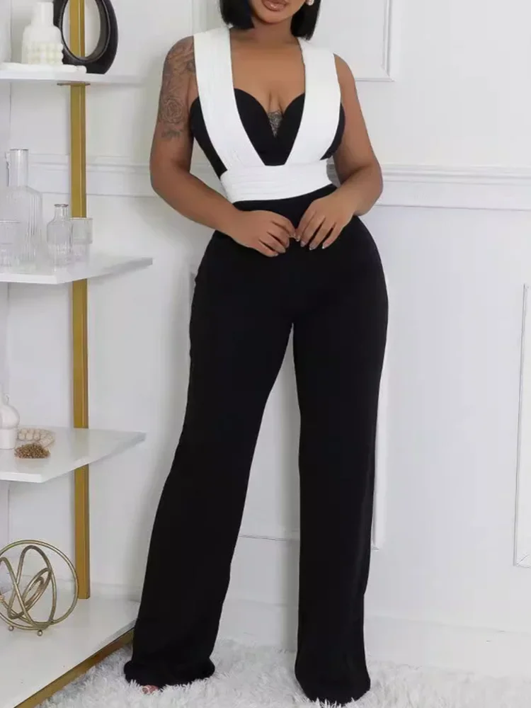 

Colorblock Sexy Deep V Neck Backless Wide Leg Jumpsuit Women Rompers