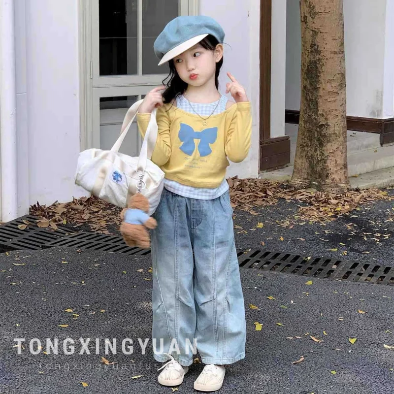 

Children's Clothing2025Autumn New Girls' Fake Two-Piece Bow Off-Shoulder Base Shirt TopTShirt for Spring and Autumnt