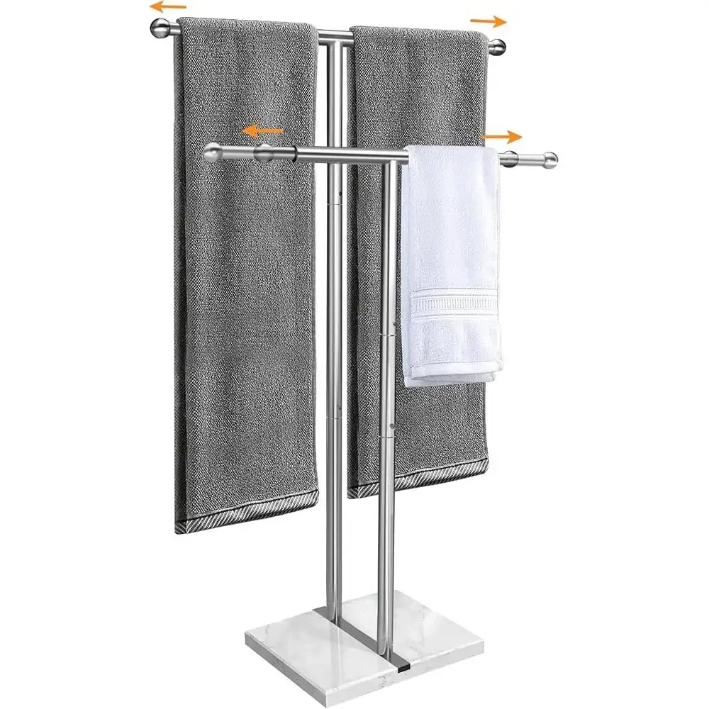 40 Inch Adjustable Towel Rack Freestanding Bathroom Storage Stand 2 Tier Lightweight Marble Base Anti Skid Pads Rust Resistant