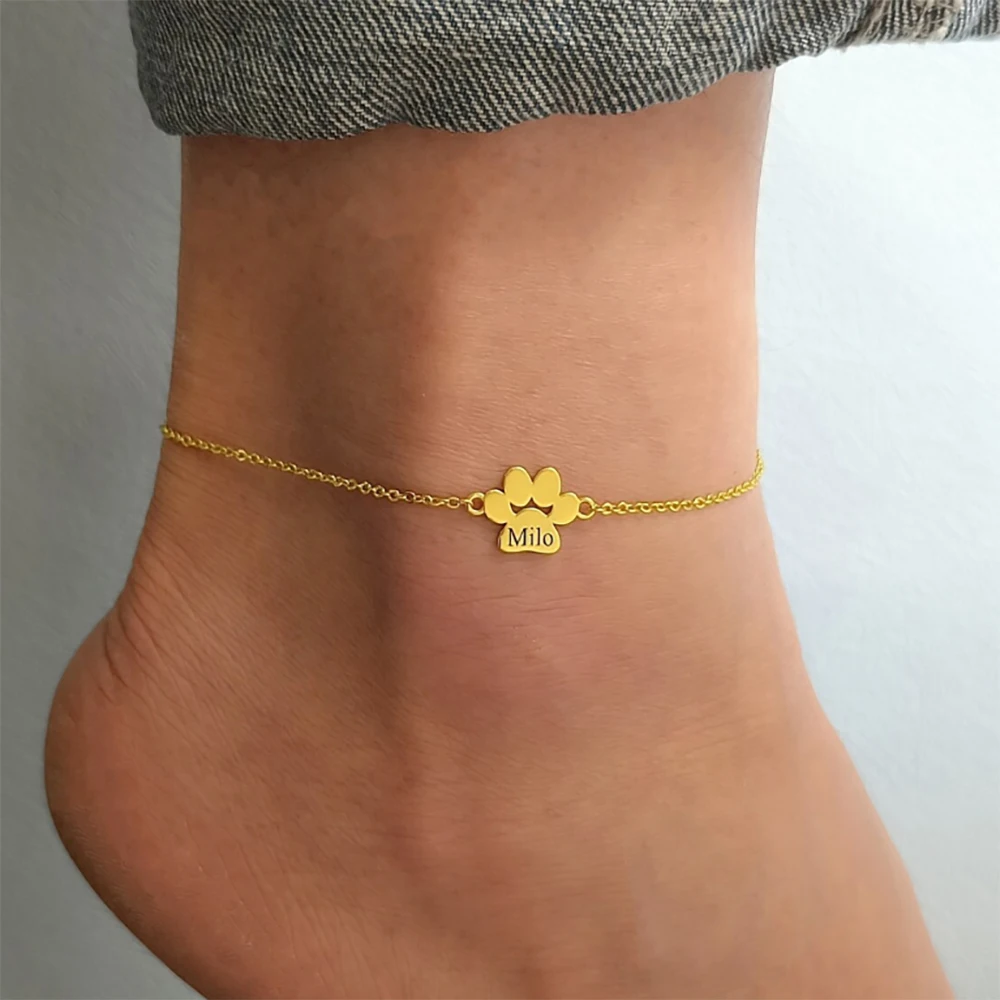 Customized Carved Name Ankle Chains, Personalized Stainless Steel Waterproof Cat/Dog Paw Ankle Chains, Women's Jewelry Gifts