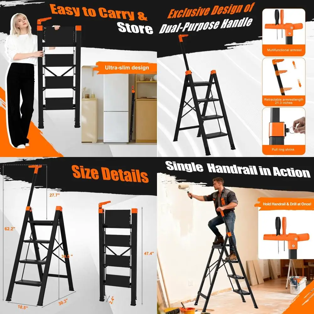 

4-ступенчатая лестница с одним лестницей, выдвижная складная стремянка с рукояткой, легкая алюминиевая стремянка, складная 4-ступенчатая лестница, 600 фунтов