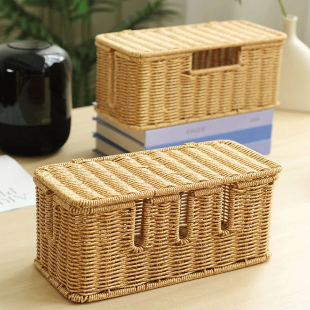 Hand-Woven Imitation Rattan Cable Organizer Box Well-ventilated Rustic Style Charging Station Storage Box Rectangular