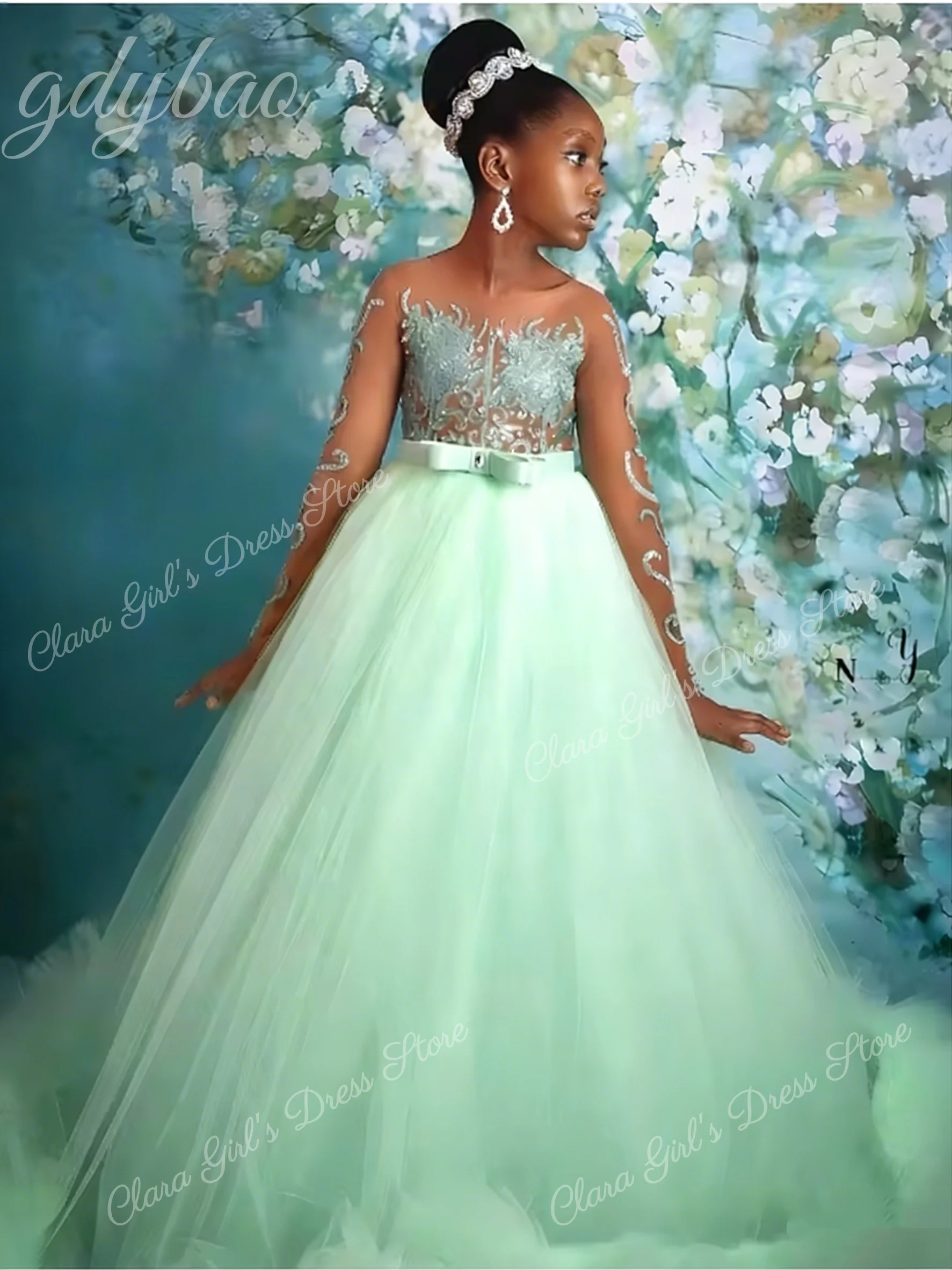 

Elegant Green Flower Girl Dress with Beaded Long Sleeves Children's Birthday Dress Fluffy Layered Ruffles Girl's Photo Dress