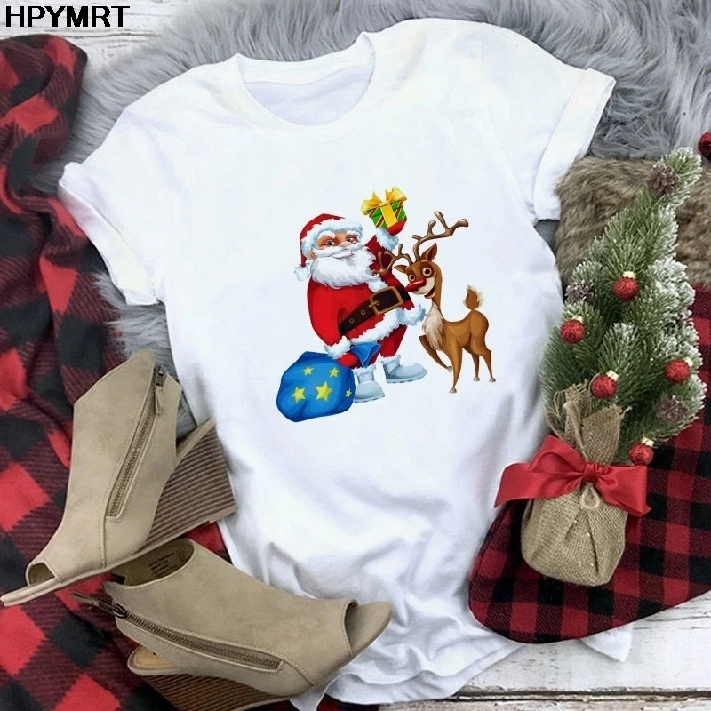 Women's T-shirt Merry Christmas Tshirt Harajuku O-neck top Kawaii Santa Reindeer Streetwear summer casual clothing short sleeves