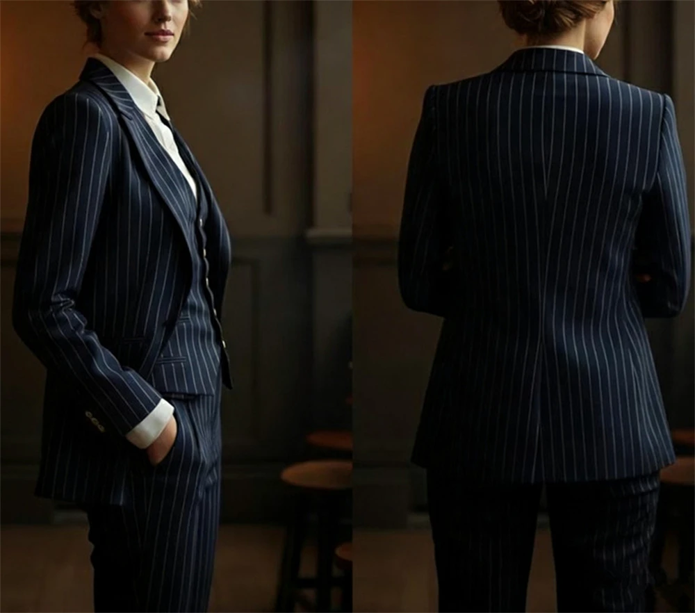 Navy Pinstripe Suit 3 Pcs Women Suits Formal Pantsuit Set Blazer Office Wear Slim-fit Business & Prom Suit (Blazer+Vest+Pants)