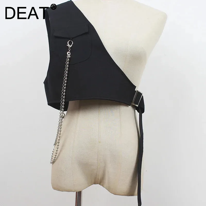 DEAT Women's Fashion Chain Solid Color One Shoulder Vest Trendy Loose Versatile Vests Female 2025 Spring New Arrival 11A02110