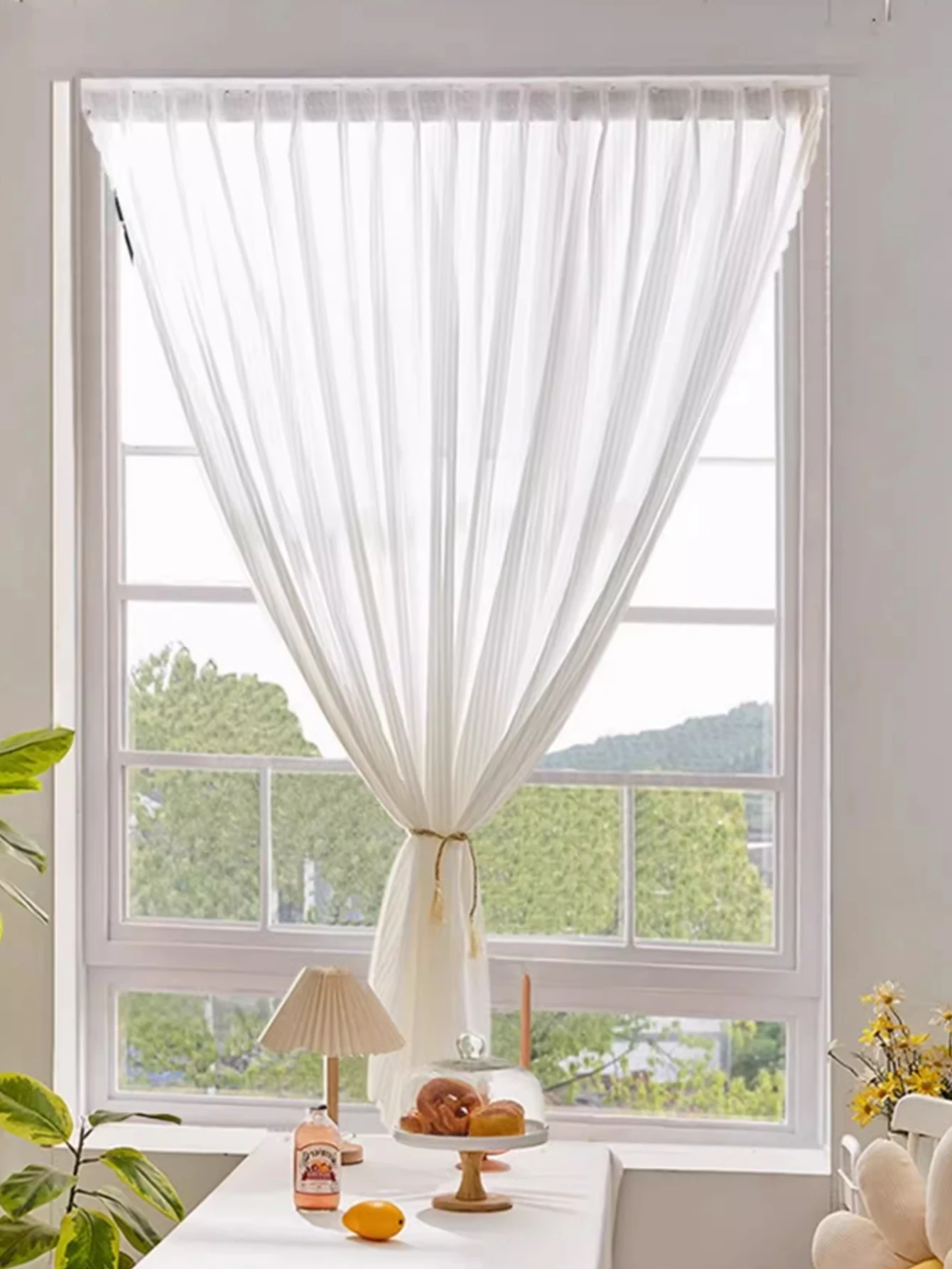 Hook And Loop Fastener European Style Customized Stripped White Luxury No Drill Sheer Curtain   for Bedroom All-season