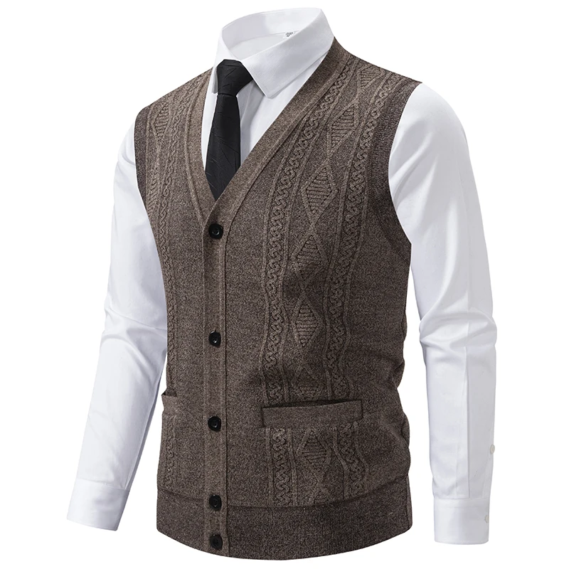 Men Sweater Vest Sleeveless Knitted Cardigan Button V-neck Waistcoat Autumn Winter Fleece Lined Knit Vests