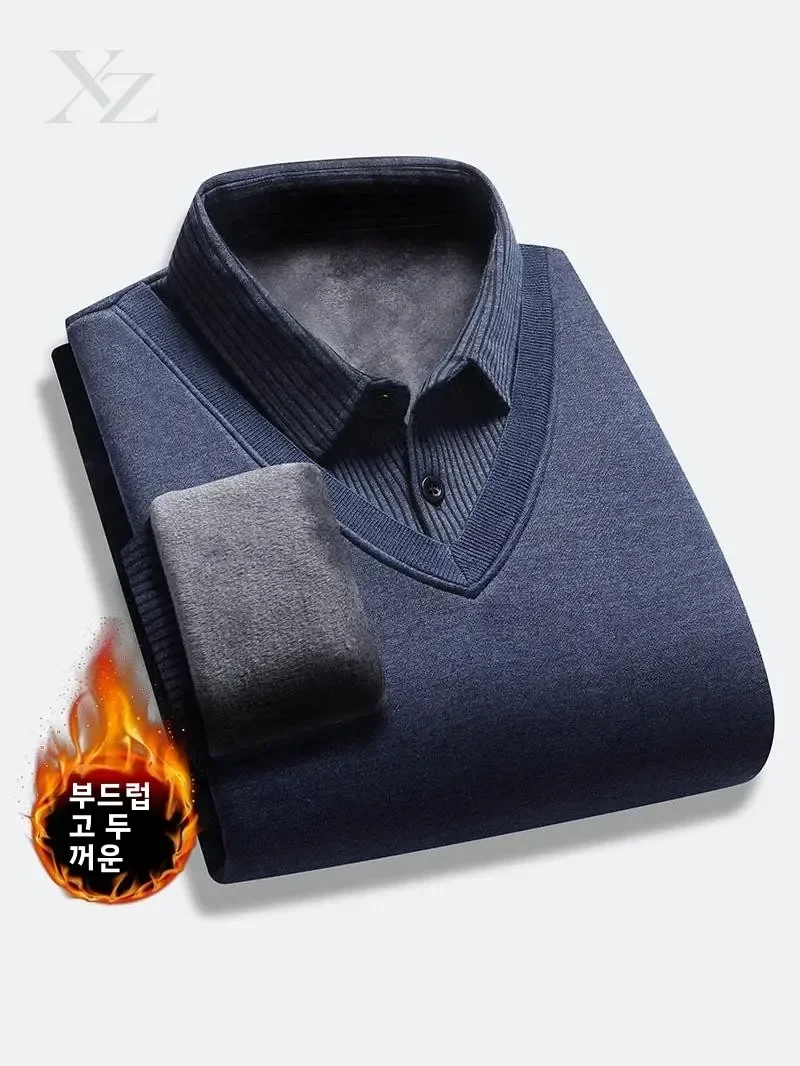 Hot Sale Men's Winter Thickened Fleece Lined Long Sleeve Shirt Collar Knitted Sweater Base Layer Warm Dad Clothes Casual Loose