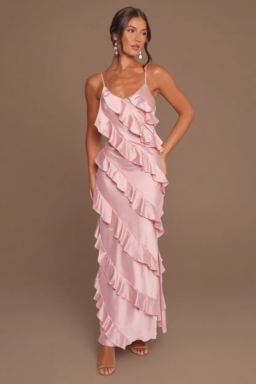 

Spaghetti Straps Satin Bridesmaid Dresses with Ruffle for Women Formal Pleated Mermaid Corset Evening Dress