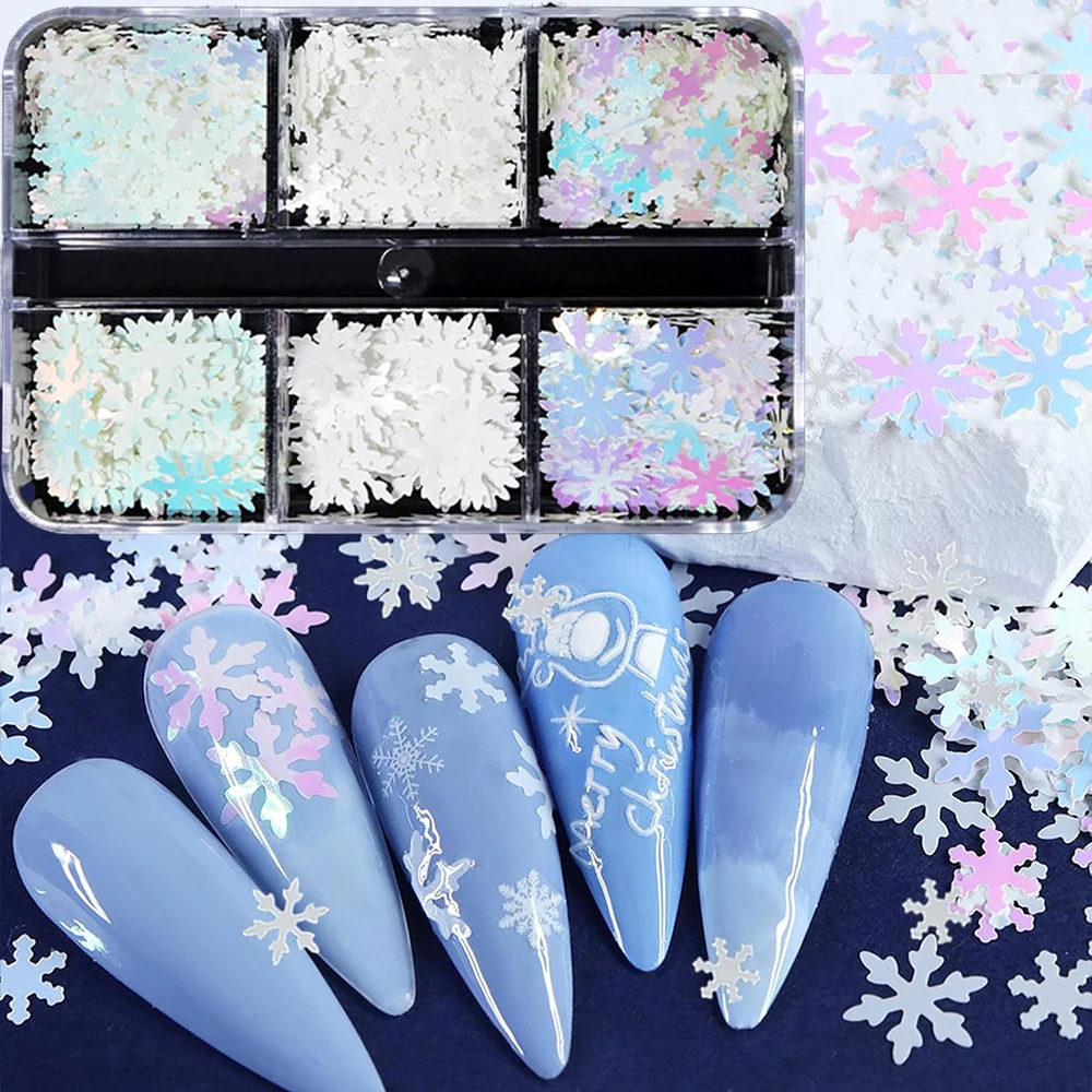 6 Grids/box Snowflake Sequins Set Nail Glitter Blue White Christmas Snow Glitter Sequins for Nail Art Decorations Christmas Gift