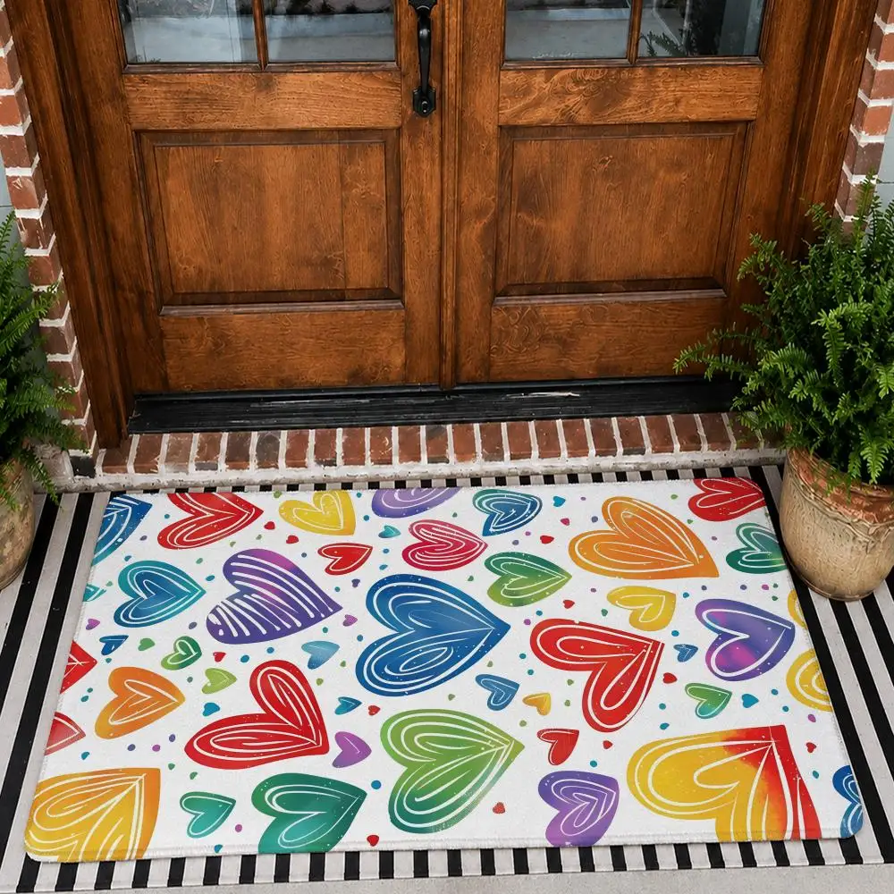 Colorful Doodle Heart Shapes Floor Mat Flannel Rug Non Slip Absorbent Soft Washable For Entryway Hallway Bathroom Kitchen Decor