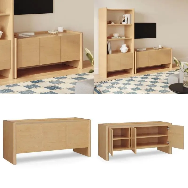 Modern Japanese Natural Oak TV Cabinet Rounded Side Panels Three Door Handleless Simple Living Room Media Console Table
