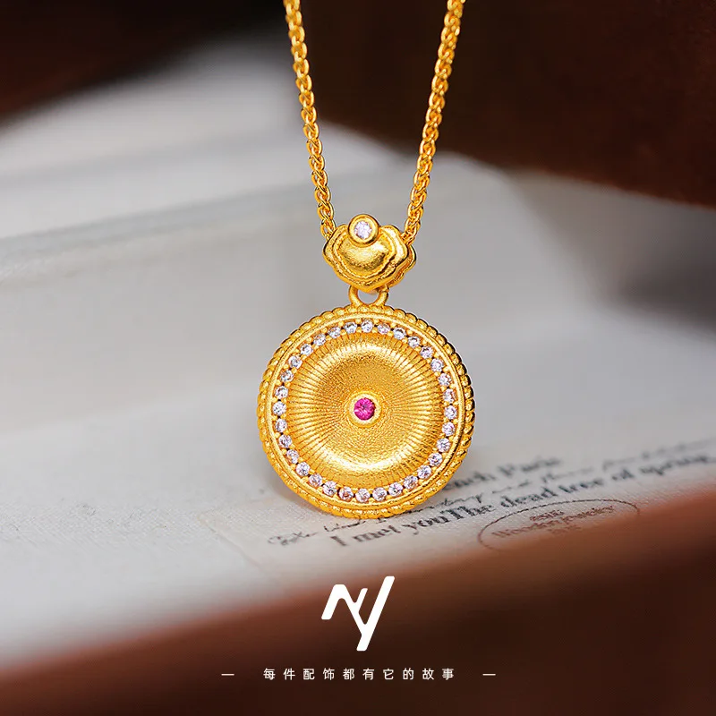 

Women's 9999 24K Real Gold Point Diamond Brushed Xiangyun Peaceful Cloak Pendant Necklace Round Brand Clavicle Chain Gift