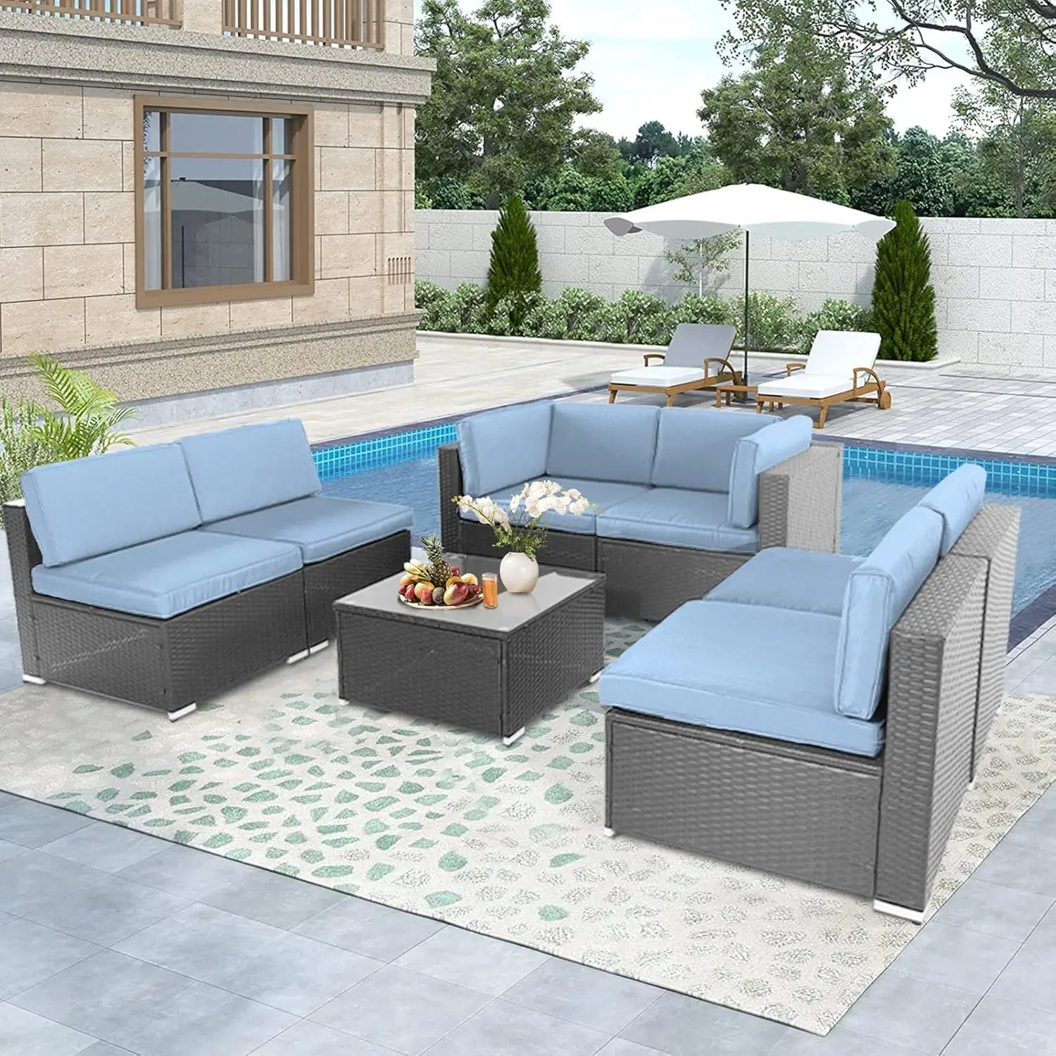

7-Piece Grey PE Rattan Sectional Sofa Set All-Weather Cushions Glass Coffee Table Patio Garden Washable Customized