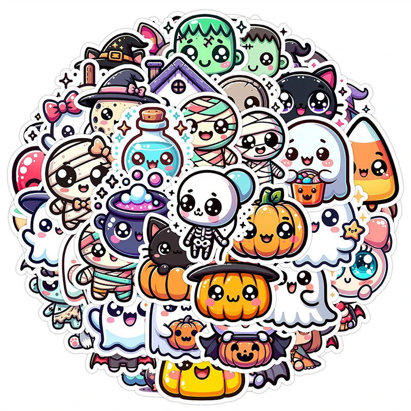 50PCS Halloween Stickers Pack, Cute Cartoon Cat Pumpkin Themed Waterproof Vinyl Decals for Scrapbook Laptop Water Bottle Party