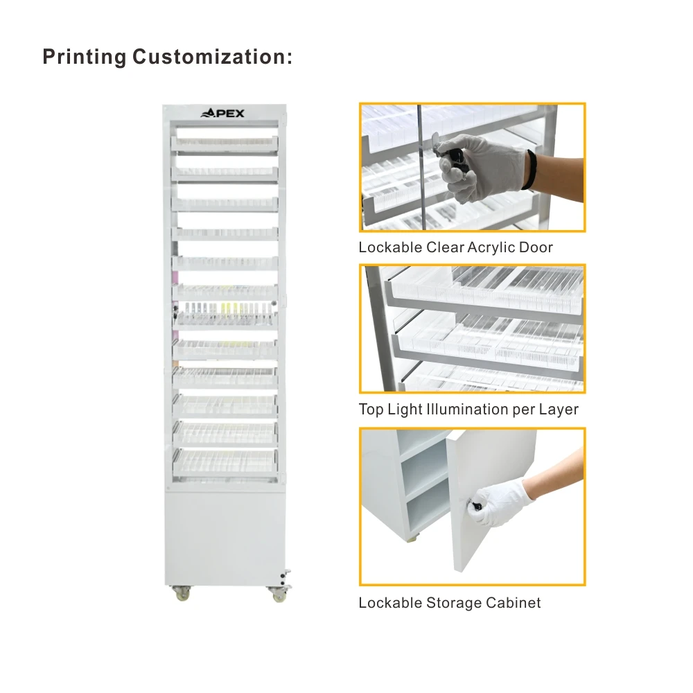 APEX Smoke Shop Display Clear Acrylic Doors LED Light POS Display Stand Tobacco Kiosk Display With Pull-Out Shelves And Drawer