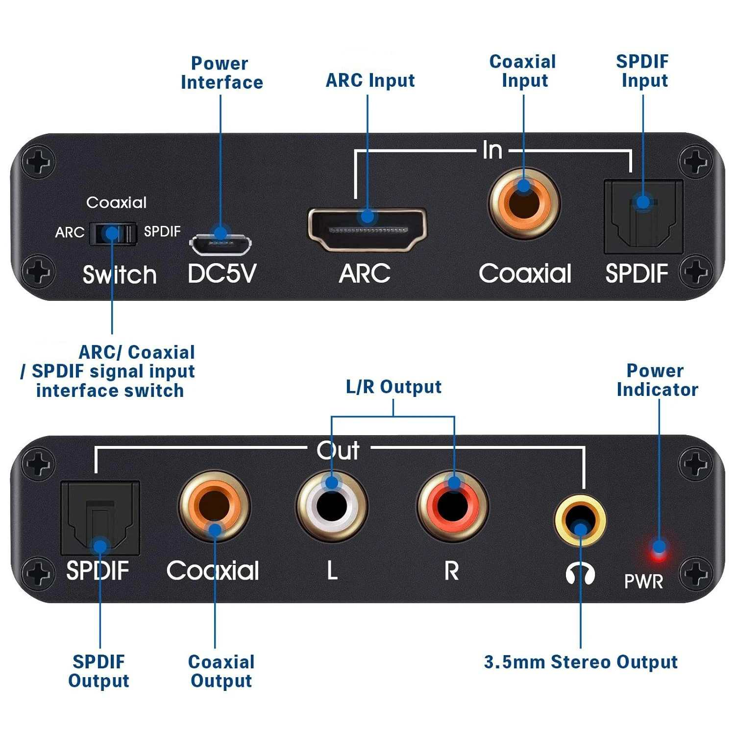 192KHz DAC 컨버터 오디오 추출기, HDTV용 동축 토스링크 (광학) ARC 입력, Spdif 동축 RCA L/R 3.5mm 스테레오 잭