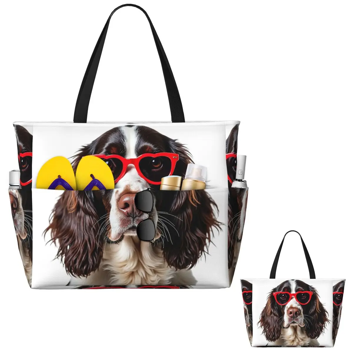 Inglês springer spaniel cão vestindo um coração forma óculos de sol praia sacola esporte yoga duffle grande sacola feminina saco de viagem