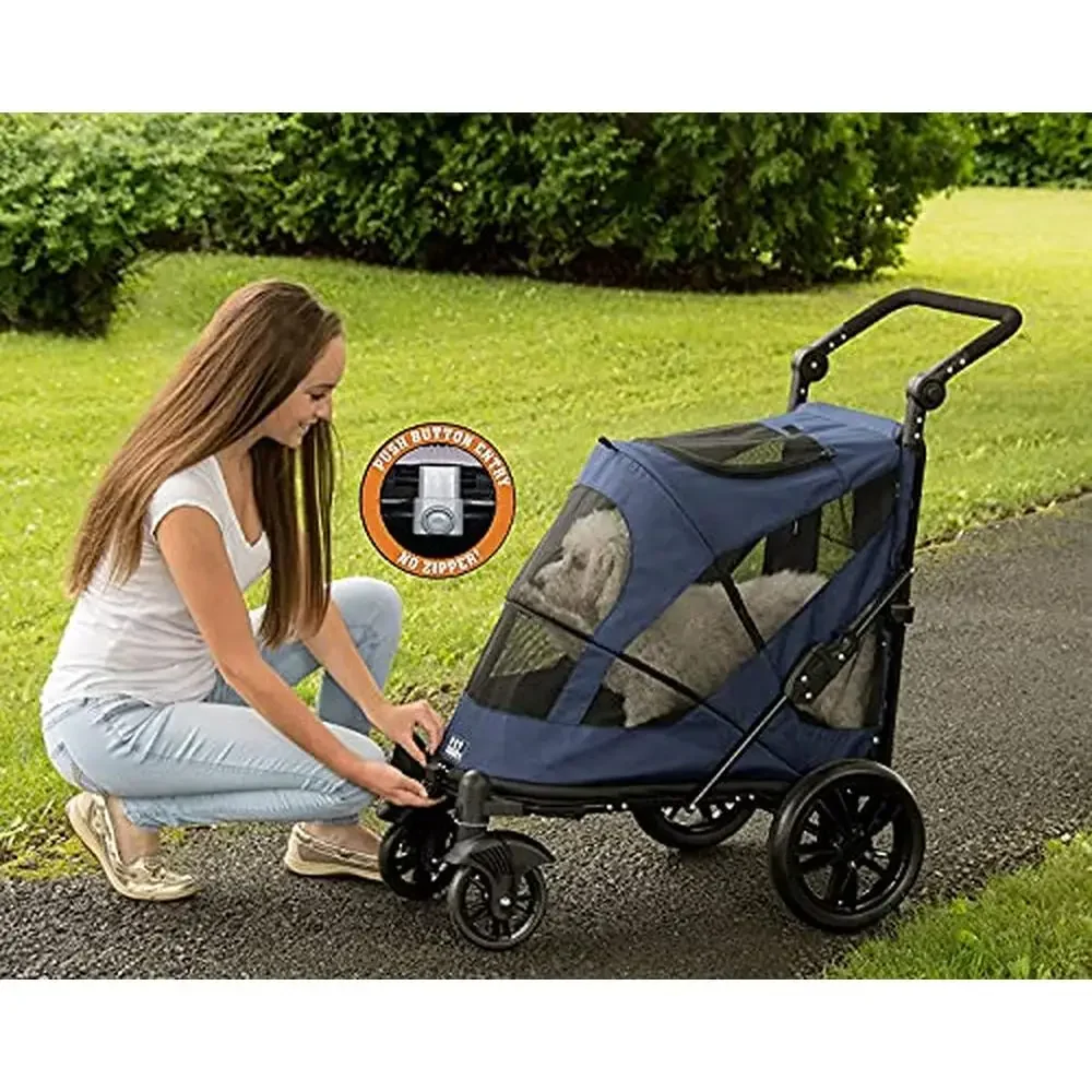 NO-Zip Dual Entry Pet Stroller Single or Multiple Dogs/Cats Portable Push Button Access Foldable Design Multi-Position Handle