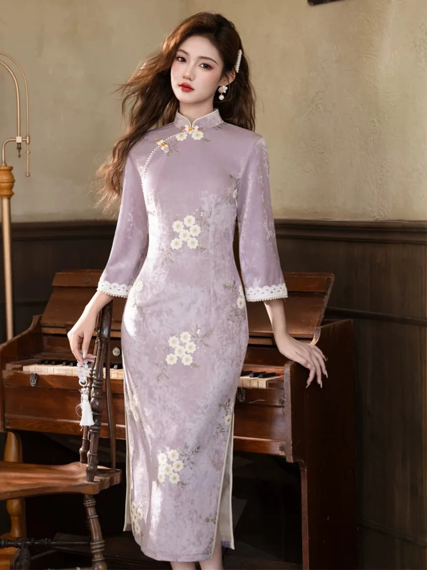 Autumn Women Qipao Three Quarter Sleeve Cheongsam Mandarin Collar Chinese Style Dress Print Soft Long Vintage Button Vestidos