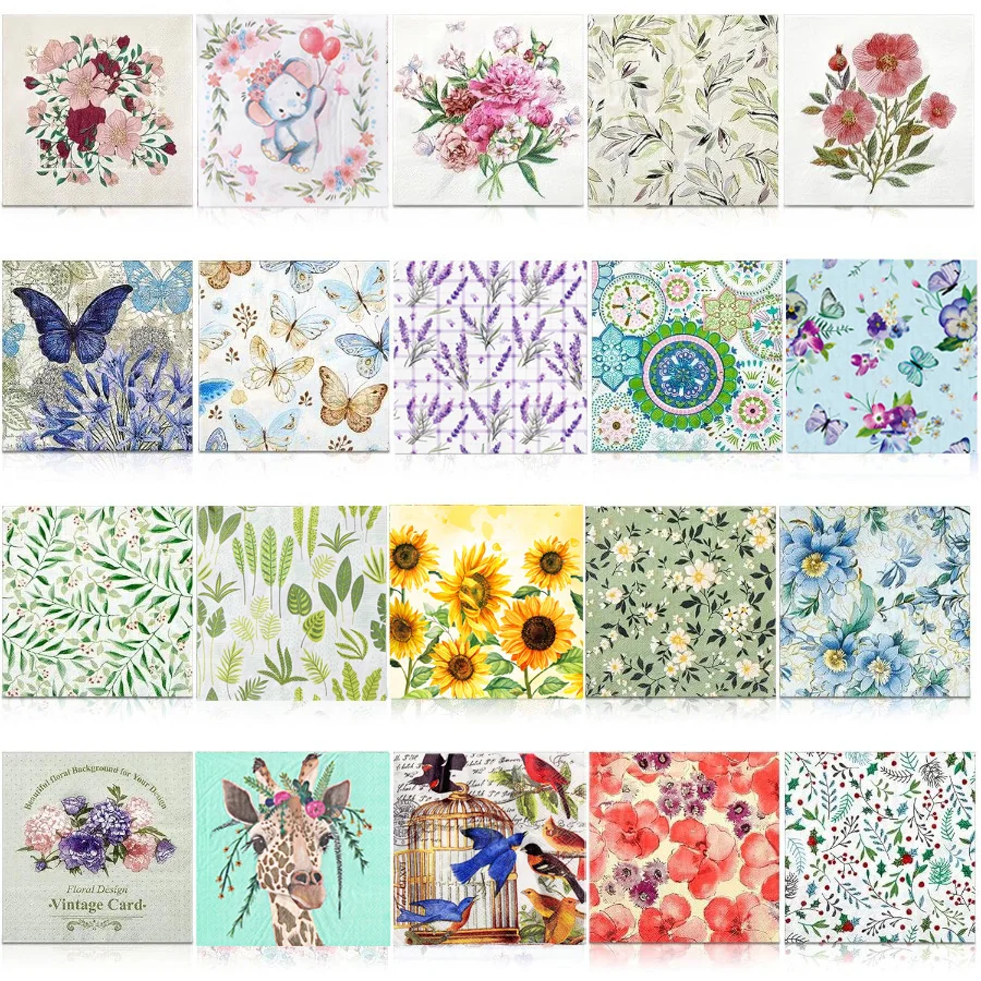 Serviettes en papier à découper à motifs floraux, 20 pièces, imprimé papillon, girafe, oiseau, éléphant, tissu jetable pour bricolage, artisanat, décoration de table de fête