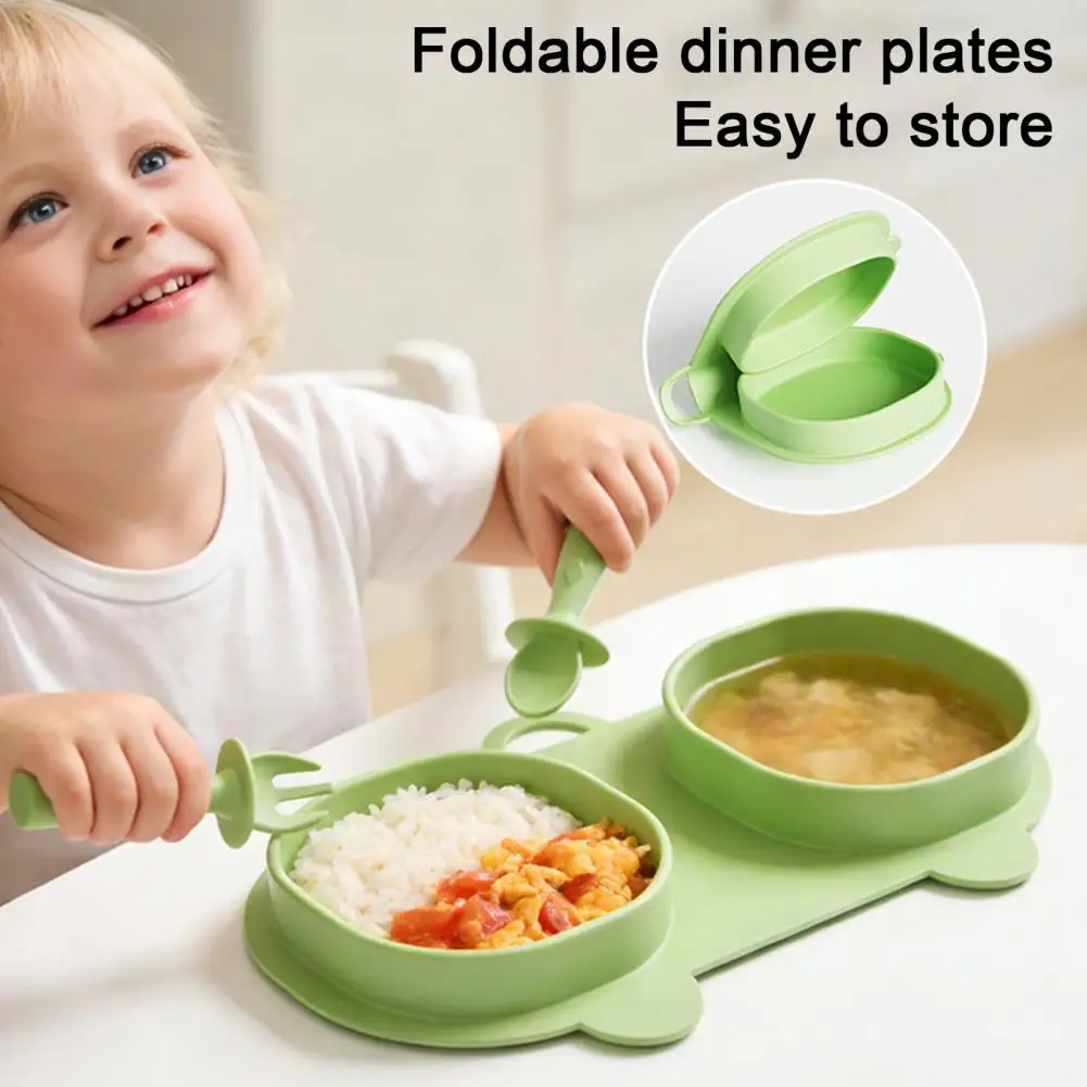 Toddler Silicone Divided Plates Silicone Baby Foldable Dinner Plates Set with Fork Spoon Toddler Divided Suction for Self