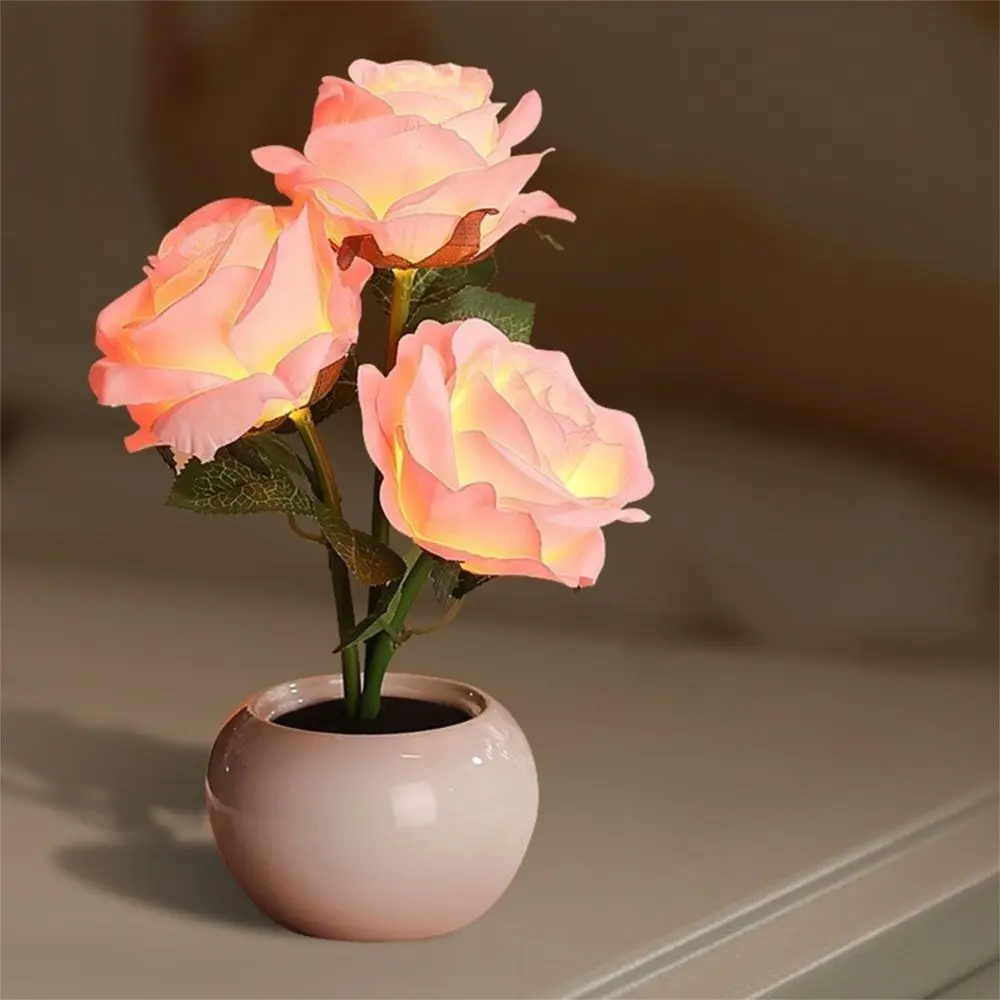 

Ceramic Base LED Rose Table Lamp Soft Light 2/3 Flowers Simulated Bouquet Light Decorative Exquisite Flower Bonsai Night Light