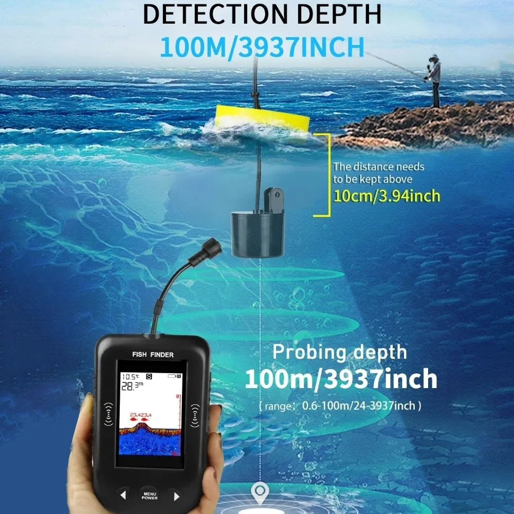 

45 Degrees XF03 Fish Finders 100M Depth LCD Display Portable Sonar Finders Waterproof Depth Detection Sonar Fish Finder