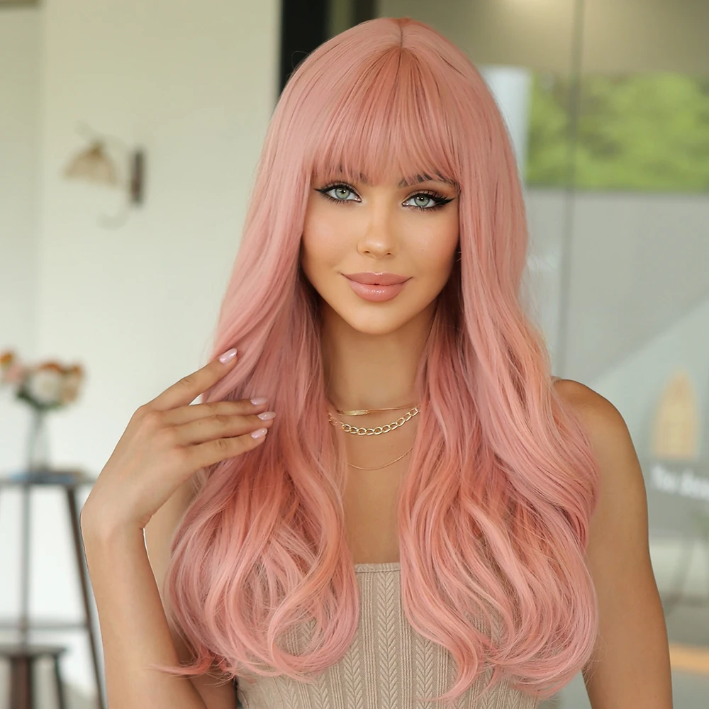 Craftourist Pink Wigs with Bangs Long Wavy Synthetic Wig for Women Cute Cosplay Daily Fake Hair Heat Resistant Fibe