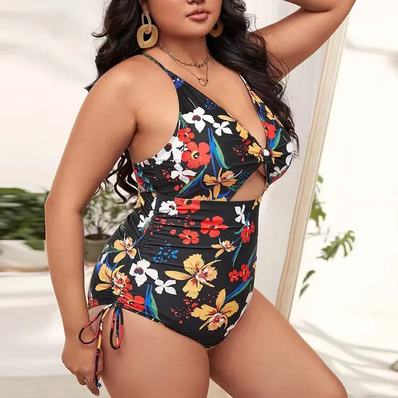 Sexy Plus Size Swimwear Print Gather Hollowed Out Bodysuit Women Bikini Set Swimsuit Push Up Two Pieces Bathing Suit Beachwear