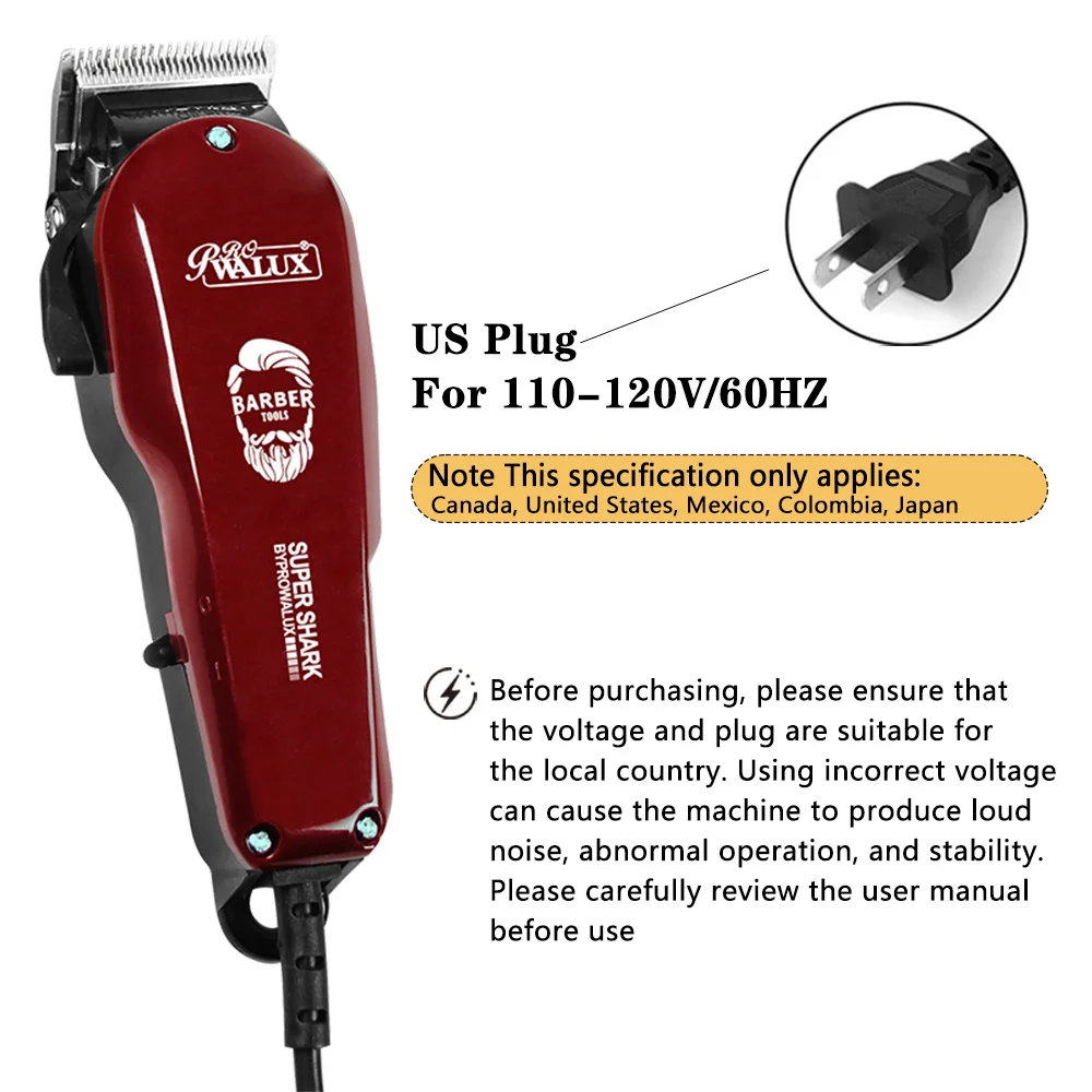 WALUX Professional AC220-240V Hair Clipper 10W Powerful Hair Trimmer Home Man Shaver 2M Cable Hair Cutting Machine 8 Guard Combs