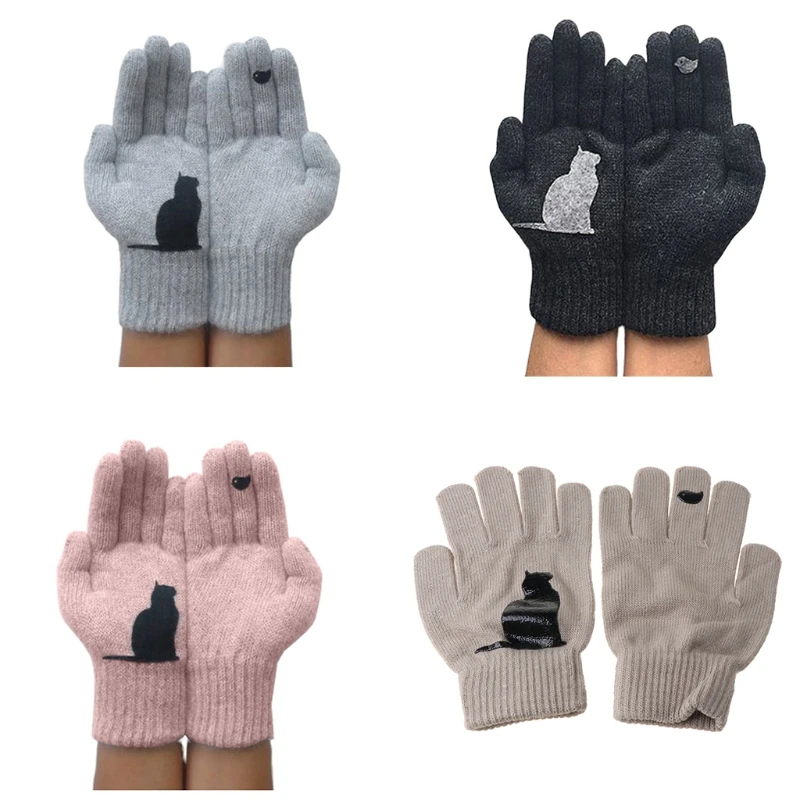 Winter Warm Women Solid Color Knitted Wrist Length Gloves Outdoor Cycling Cute Full Finger Mittens Clothing Accessories